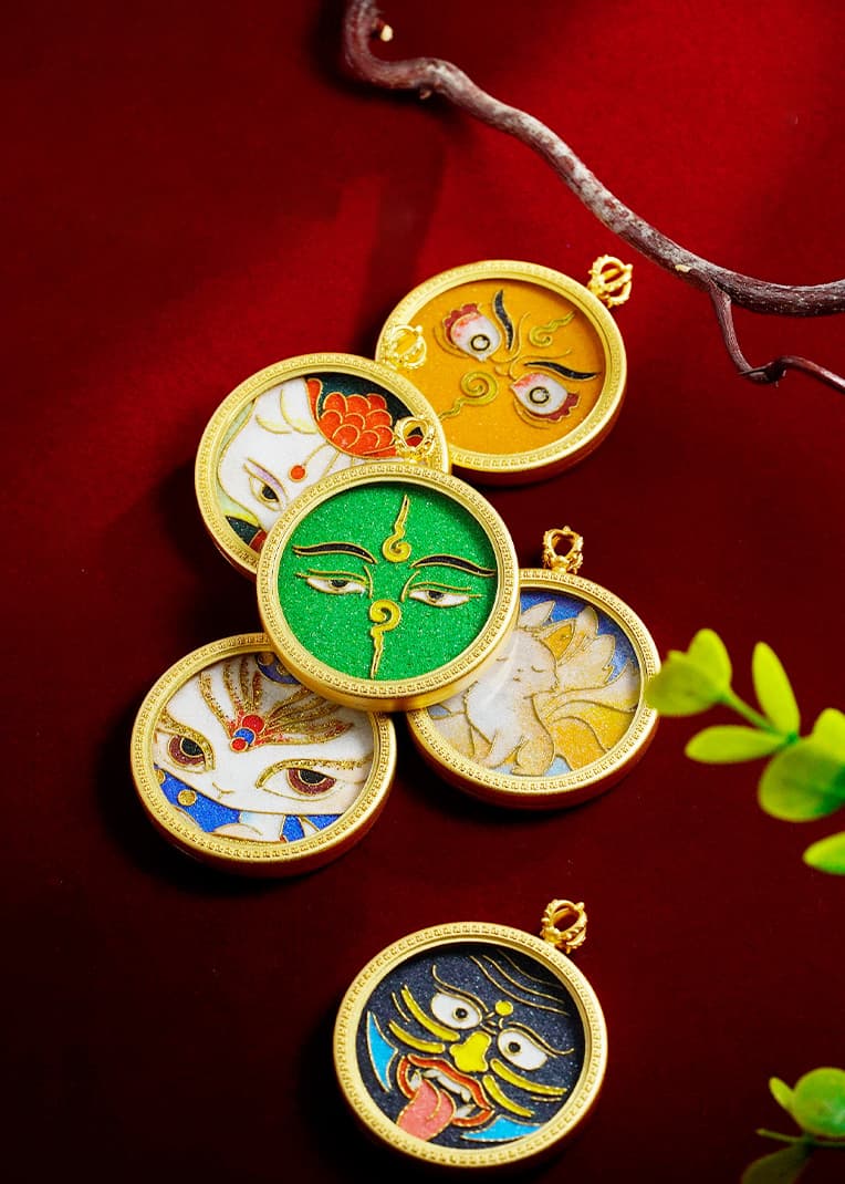 Cloisonne Thangka Round Brass Pendant — hand-painted Tibetan Thangka