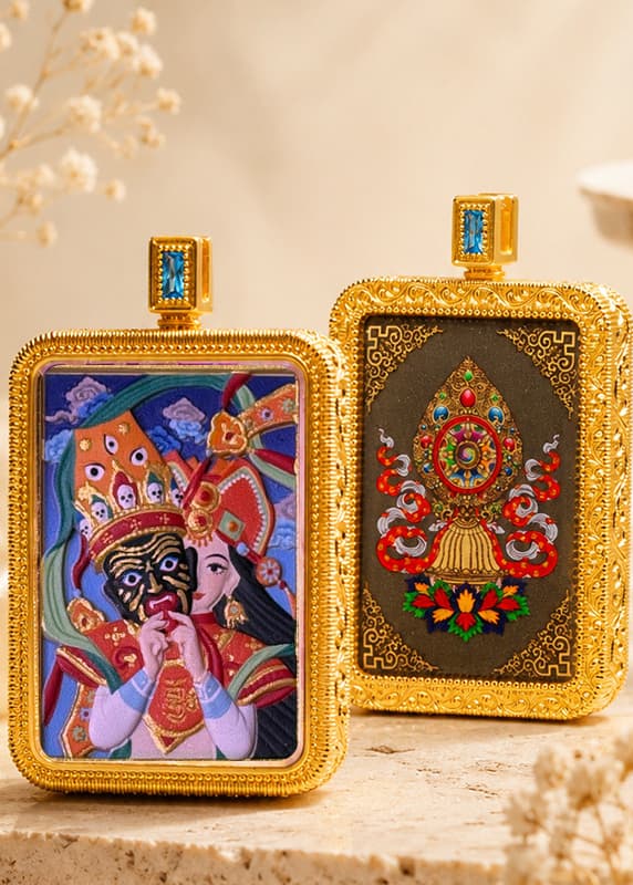 Painted Tsa-tsa Thangka Eight Birth Protectors Pendant — hand-painted Tibetan Thangka