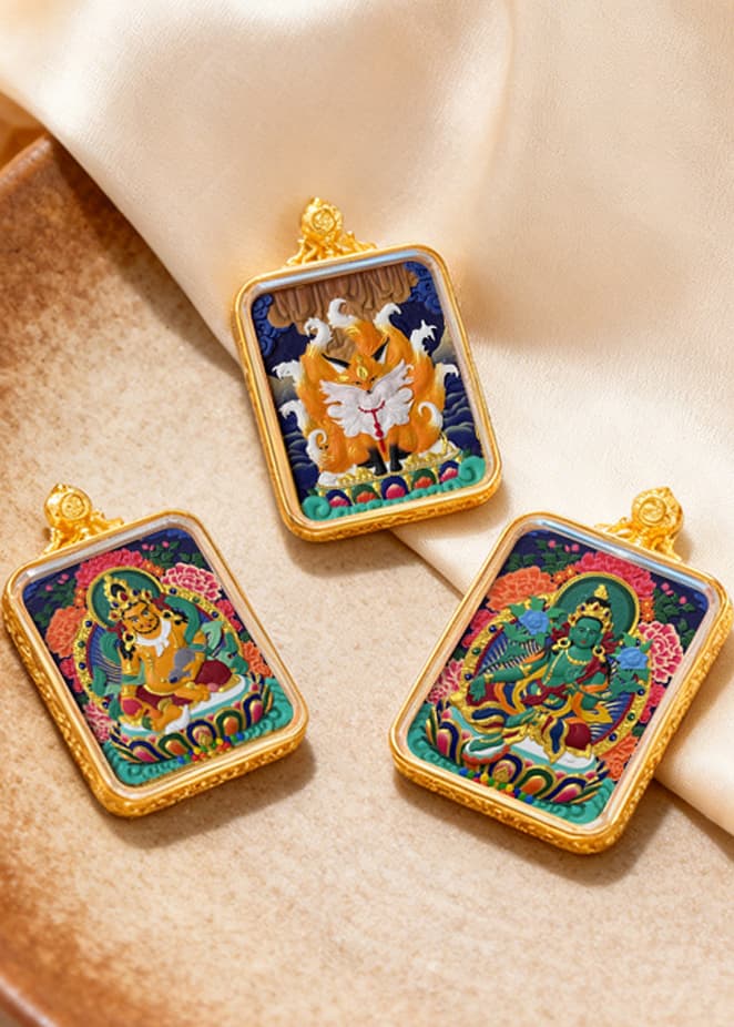 Painted Ethnic-Style Thangka Pendant — hand-painted Tibetan Thangka