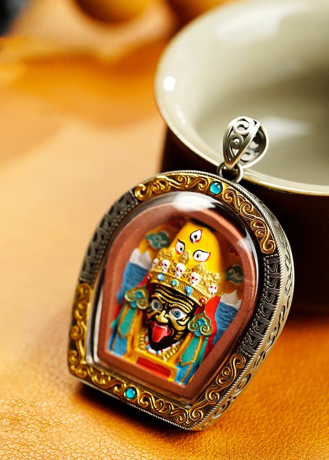 Gate-shaped Hand-painted Patron Buddha Thangka Pendant — hand-painted Tibetan Thangka