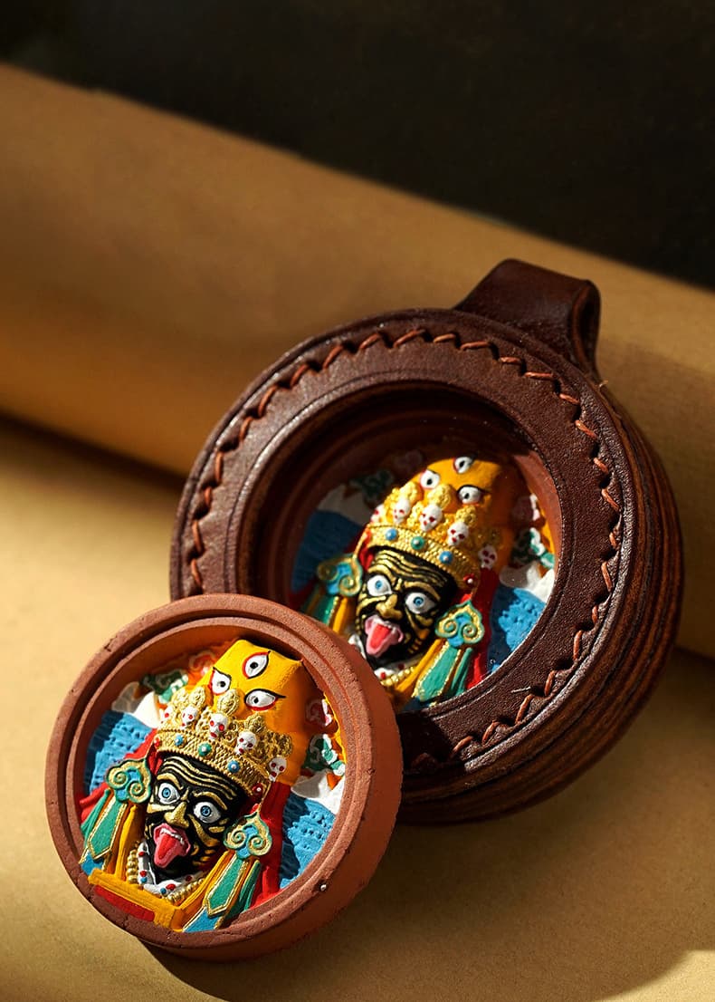Wipe-clean Leather-shell Zhaxi Lhamo Thangka Pendant — hand-painted Tibetan Thangka