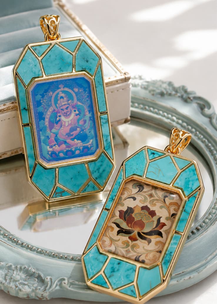 Turquoise Thangka-painting Amulet Box Pendant — hand-painted Tibetan Thangka