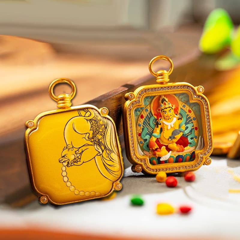 Hand-Painted Tsatsa Yellow Jambhala Pendant — hand-painted Tibetan Thangka